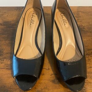 Ariella Glossy Black Peep Toe Wedge Heels